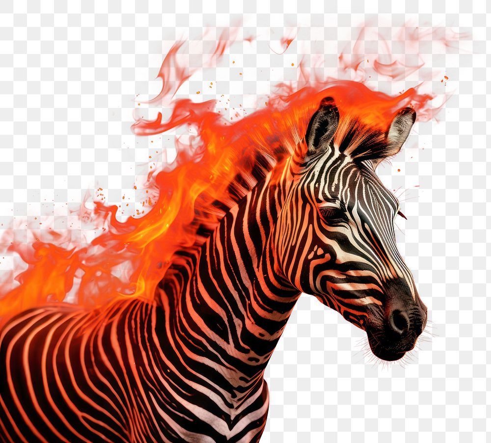 PNG photo of *Zebra* on Fire flame realistic, isolated on black background --ar 3:2