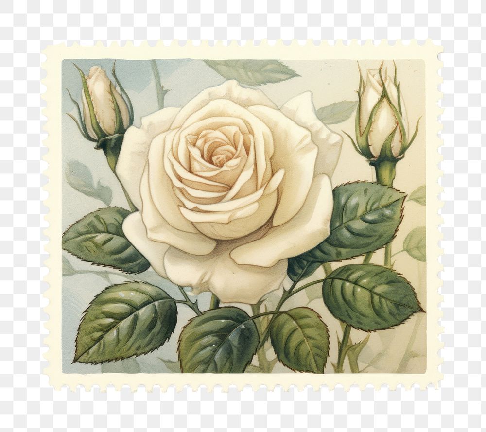 PNG White rose postage stamp painting pattern flower. AI generated Image by rawpixel.
