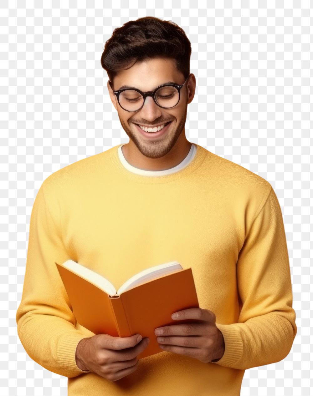 PNG  A student men sitting with book be side publication glasses sweater. AI generated Image by rawpixel.