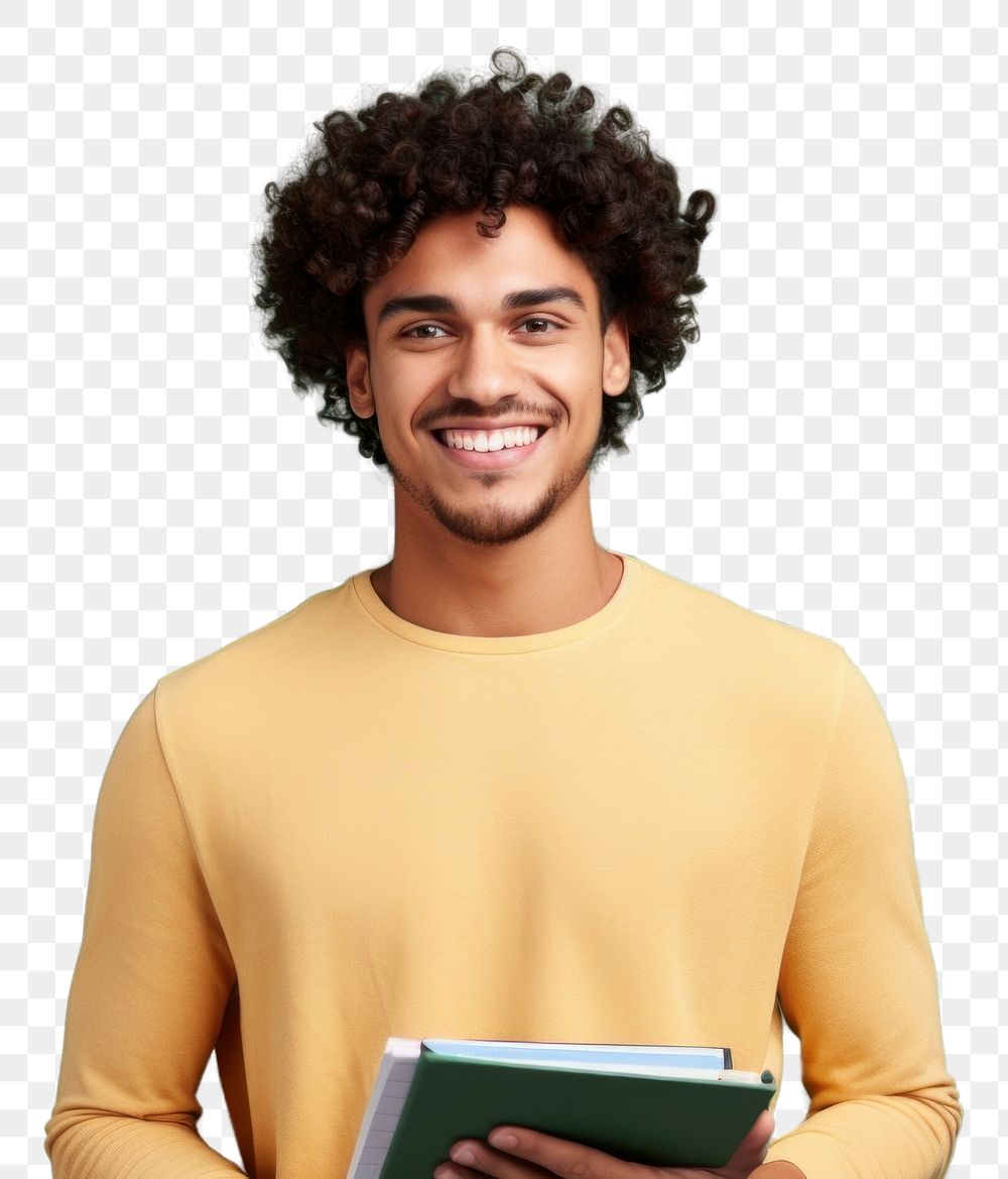 PNG  A smile student adult men holding book t-shirt intelligence publication. AI generated Image by rawpixel.