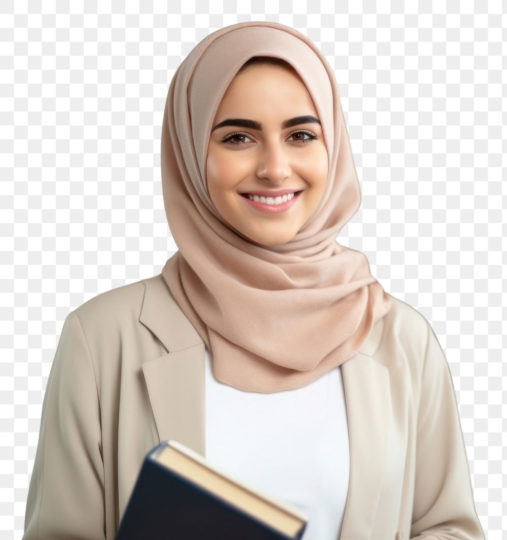 PNG  A smile student arab woman holding book scarf adult intelligence. AI generated Image by rawpixel.