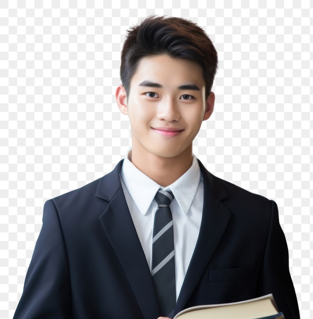 PNG  A smile student asian boy holding book portrait tie intelligence. AI generated Image by rawpixel.