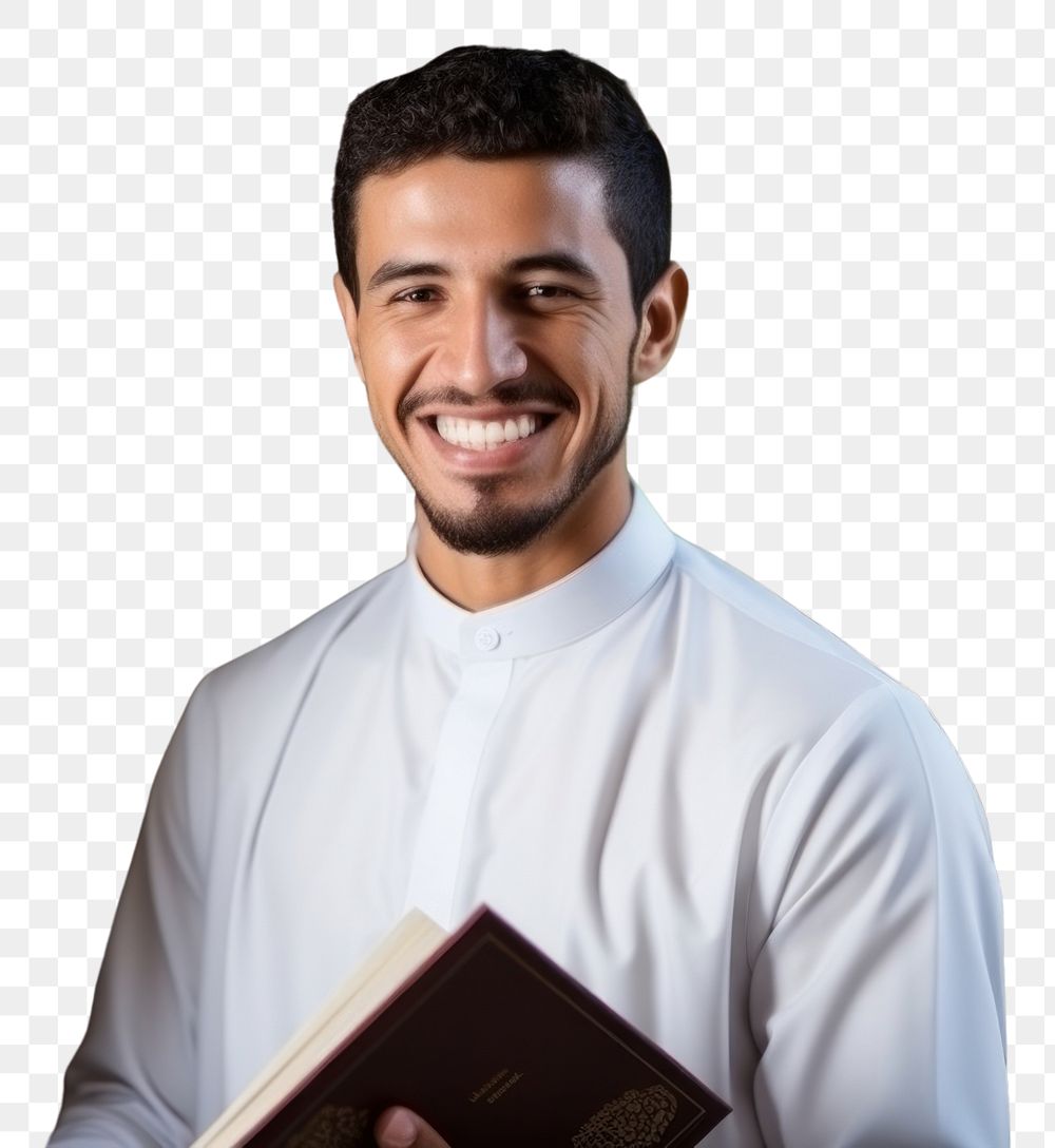 PNG  A smile student muslim men holding book portrait adult happiness. AI generated Image by rawpixel.