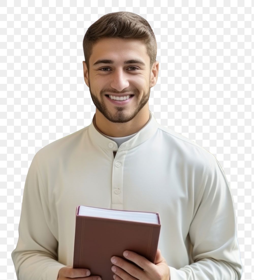 PNG  A smile student muslim men holding book adult architecture university. AI generated Image by rawpixel.
