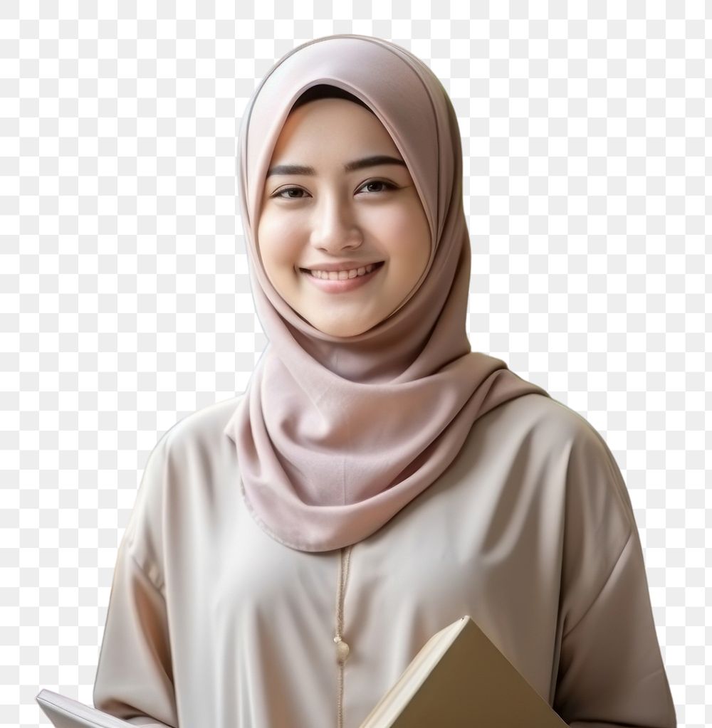 PNG  A smile student muslim woman holding book adult headscarf happiness. AI generated Image by rawpixel.