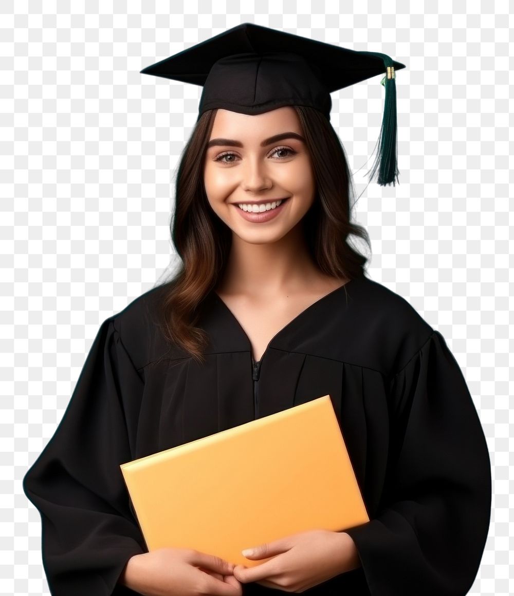 PNG  A smile student woman holding book graduation adult intelligence. AI generated Image by rawpixel.