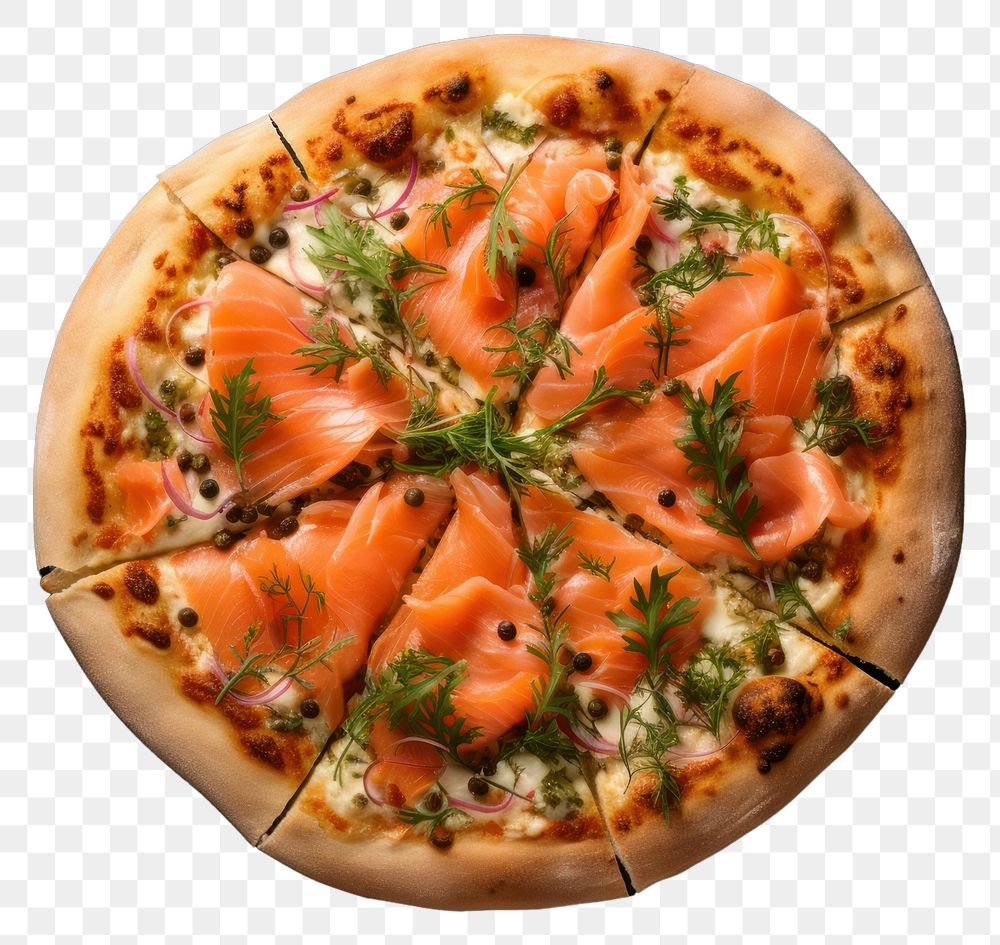 PNG  Smoked salmon pizza food mozzarella vegetable. AI generated Image by rawpixel.
