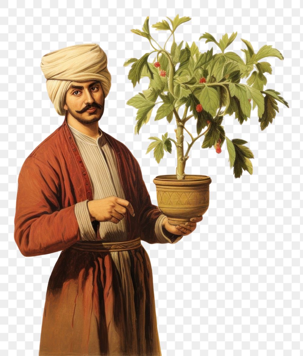 PNG  Man holding potted plant gardening portrait turban. AI generated Image by rawpixel.