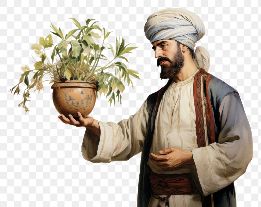 PNG  Man holding potted plant turban adult photography. AI generated Image by rawpixel.