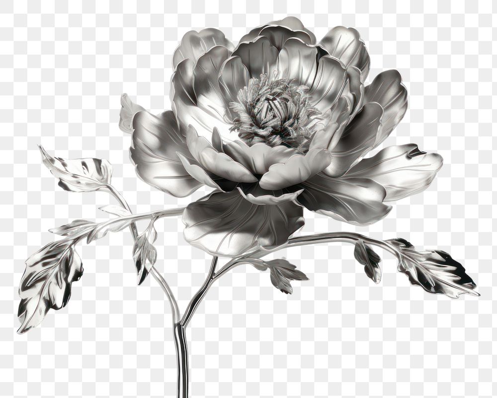 PNG Peony flower silver sketch plant. AI generated Image by rawpixel.