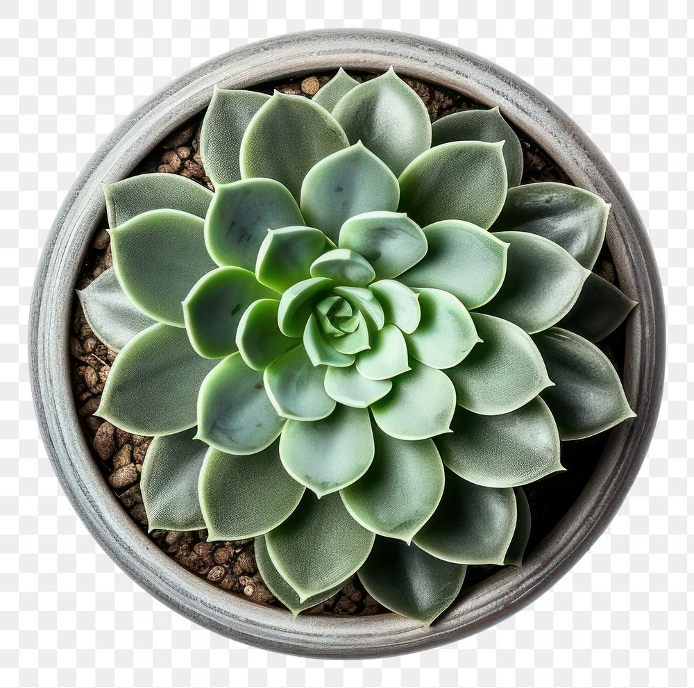 PNG Top view striped small succulent with offshoot in a grey concrete pot plant leaf white background. AI generated Image by…