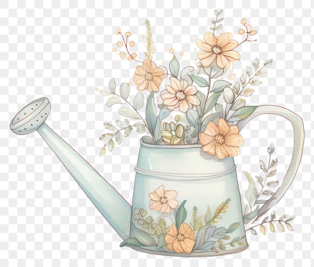 PNG Watering can drawing flower white background. AI generated Image by rawpixel.