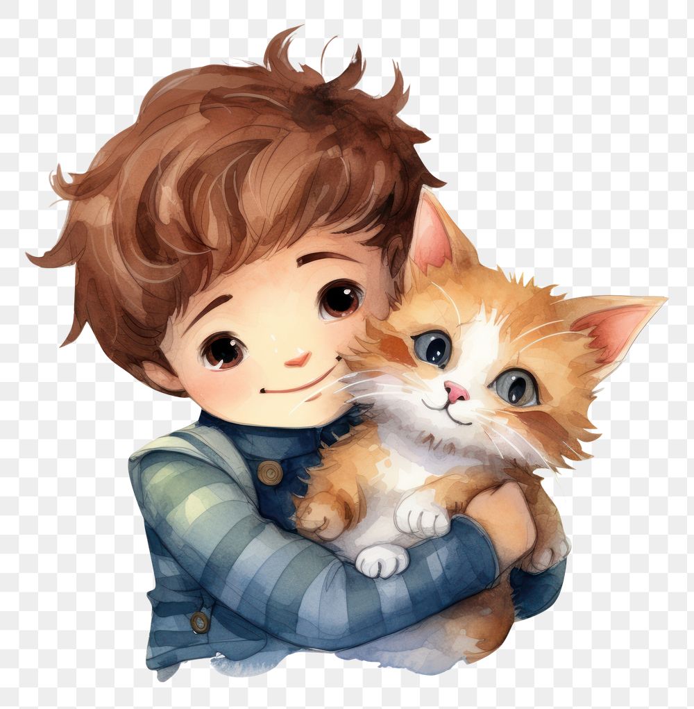 PNG  Boy hug a cat representation portrait mammal. AI generated Image by rawpixel.