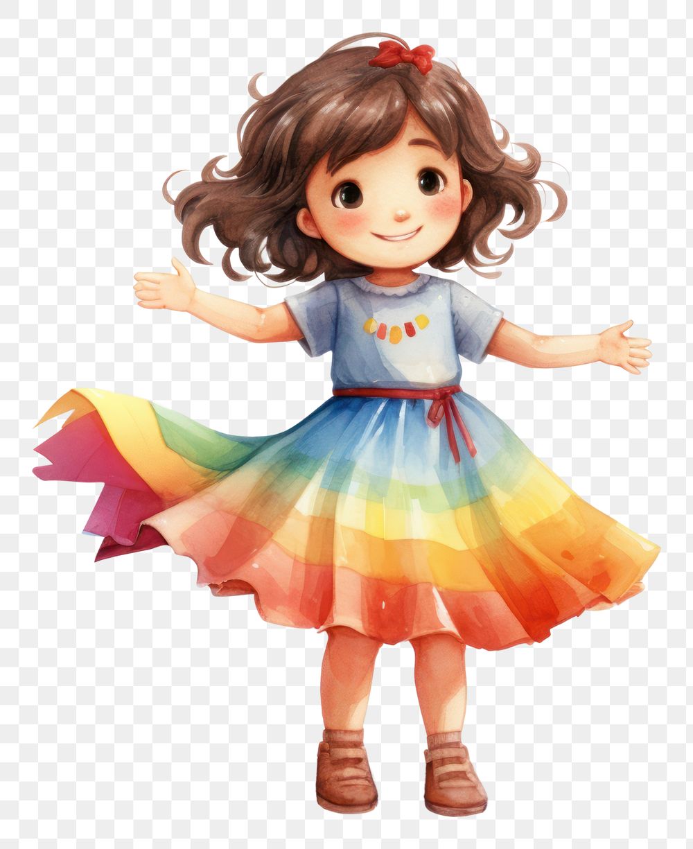 PNG  Girl wearing rainbow dress doll cute toy. AI generated Image by rawpixel.