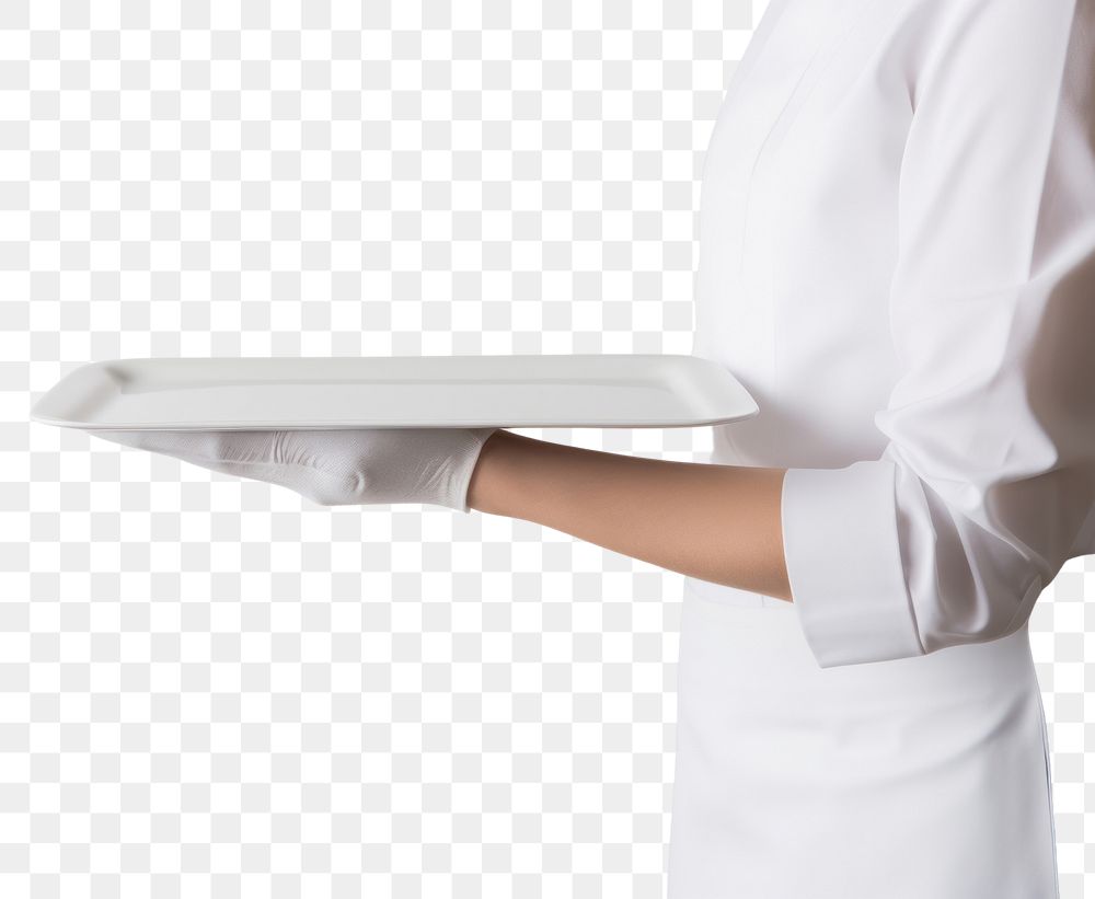 PNG  A man waitress hand is holding up a platter adult white tray. AI generated Image by rawpixel.