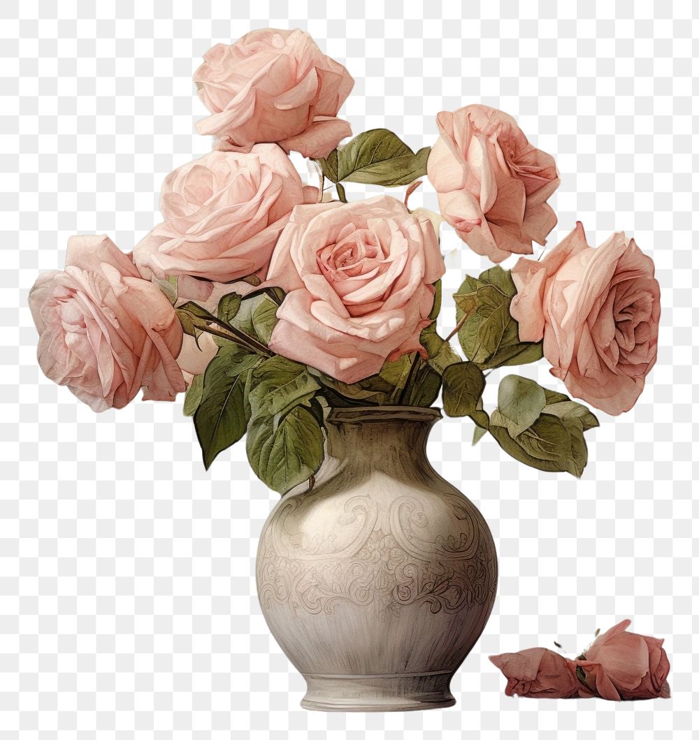 PNG Roses in vase on a table painting art flower. AI generated Image by rawpixel.
