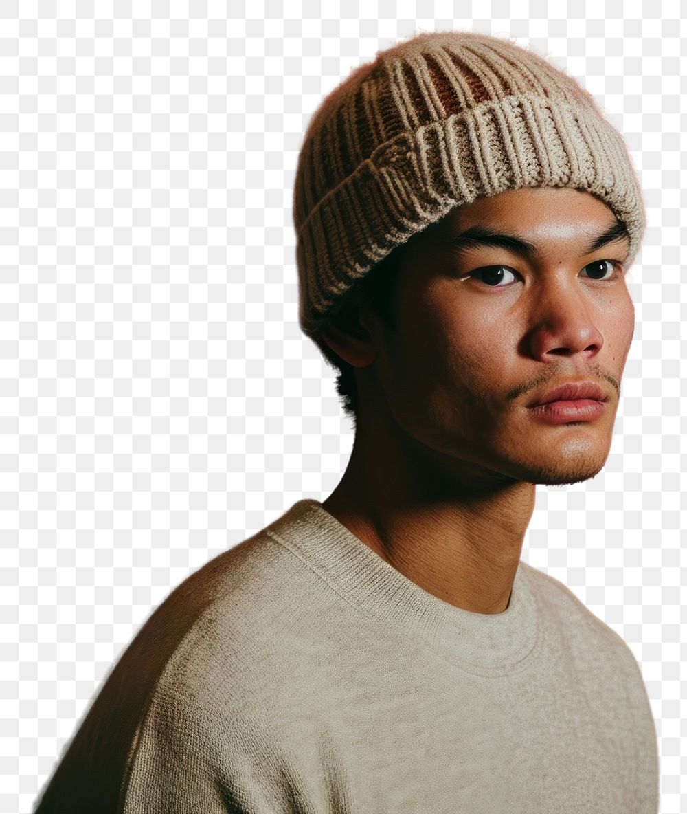 PNG  Man wearing a knitted beanie photography portrait contemplation. AI generated Image by rawpixel.