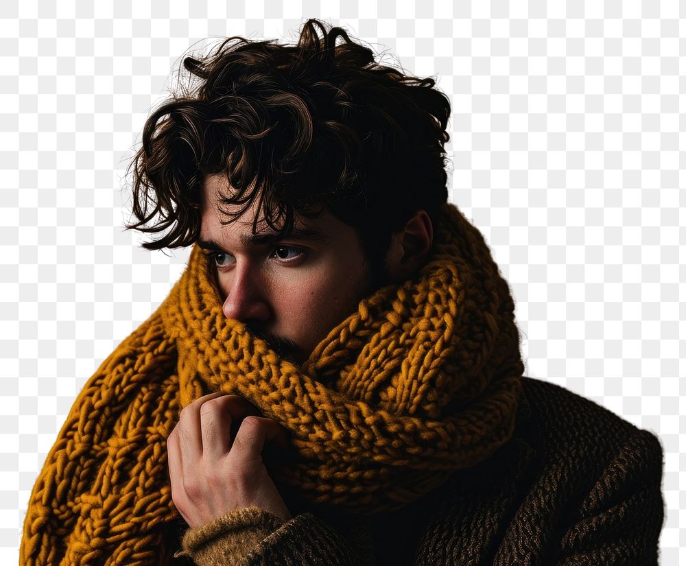 PNG  Knitted scarf photography portrait contemplation. AI generated Image by rawpixel.