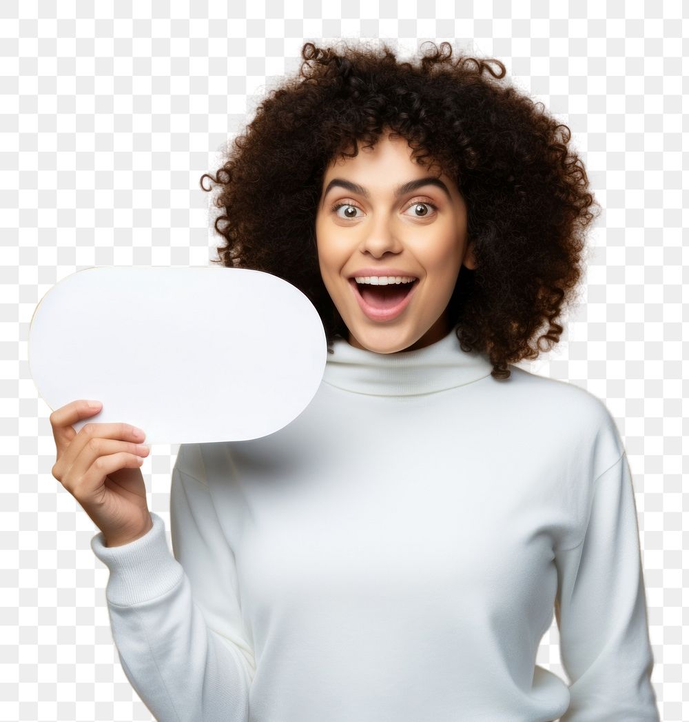 PNG Young woman holding empty speech bubble paper surprised adult technology. AI generated Image by rawpixel.
