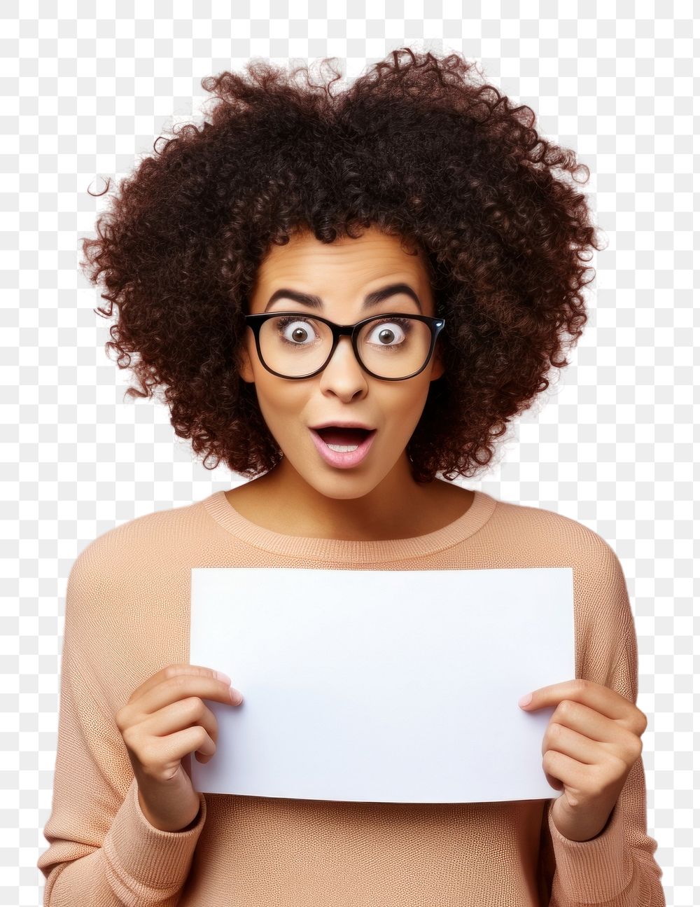 PNG Young woman holding empty speech bubble paper surprised glasses adult. AI generated Image by rawpixel.