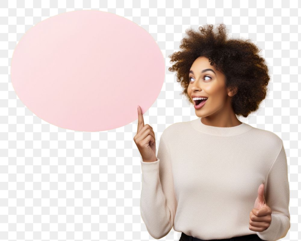 PNG Young woman holding empty speech bubble surprised adult celebration. AI generated Image by rawpixel.