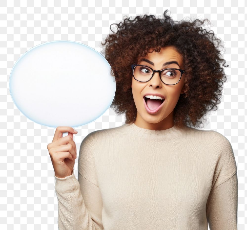 PNG Young woman holding empty speech bubble surprised portrait glasses. AI generated Image by rawpixel.