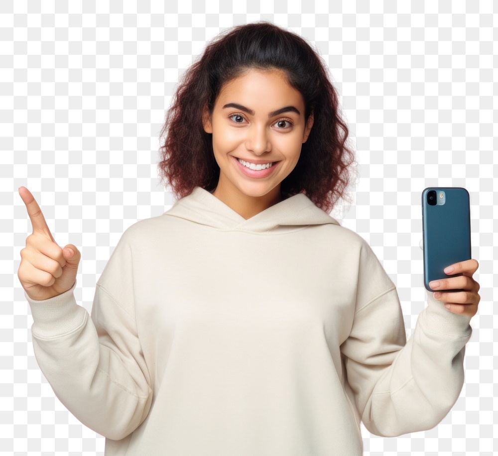 PNG Young woman showing a black screen displaying sweatshirt sweater selfie. AI generated Image by rawpixel.