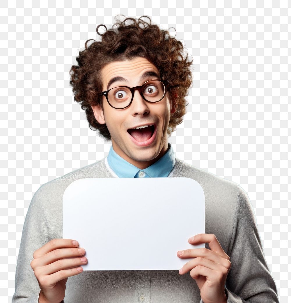 PNG Young man holding empty speech bubble paper surprised glasses adult. AI generated Image by rawpixel.