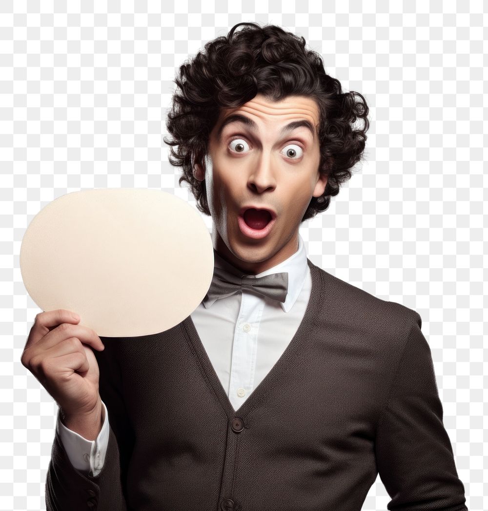 PNG Young man holding empty speech bubble paper surprised portrait adult. AI generated Image by rawpixel.