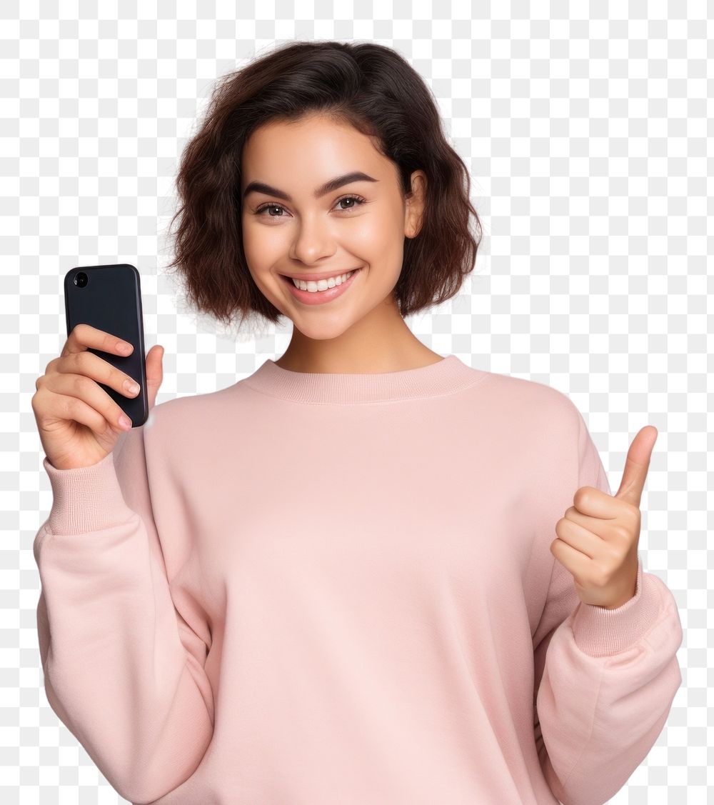 PNG Woman hold mobile-phone in hand screen selfie smile. AI generated Image by rawpixel.