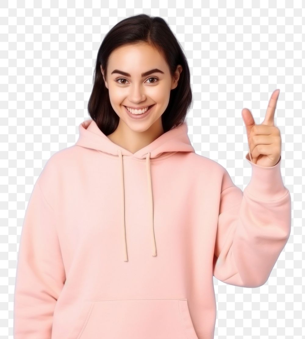 PNG Woman hold mobile-phone in hand sweatshirt smile adult. AI generated Image by rawpixel.