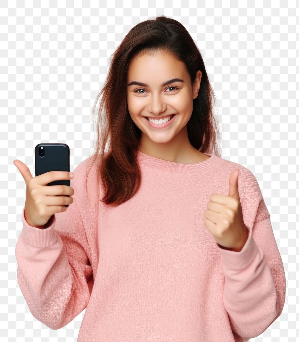 PNG Woman holds mobile phone in hand selfie smile adult. AI generated Image by rawpixel.