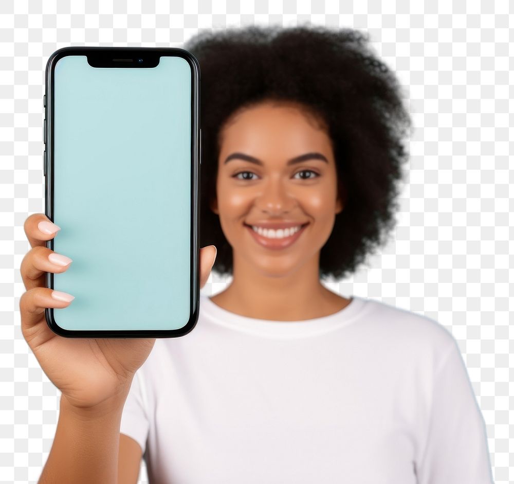 PNG Close up mobile phone at front smiling holding screen. AI generated Image by rawpixel.