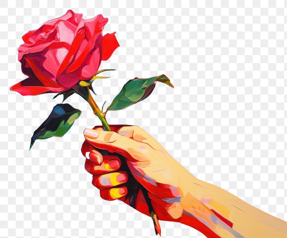 PNG Hand holding rose painting flower plant. AI generated Image by rawpixel.
