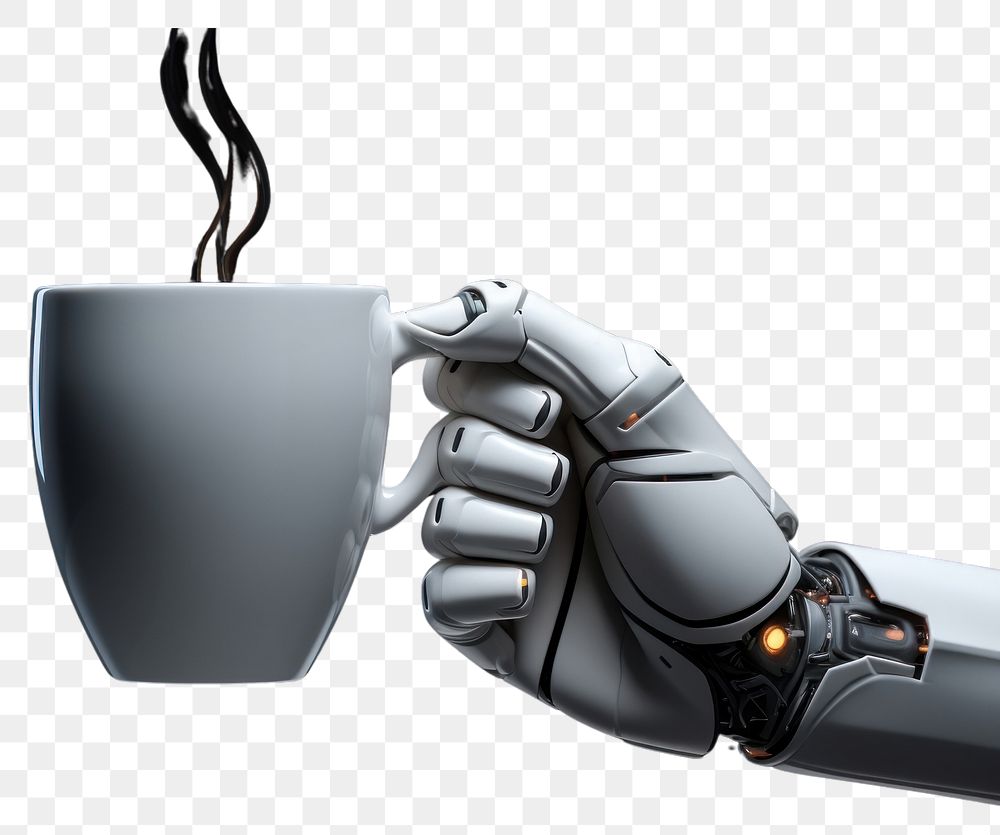 PNG 3d robot hand holding 3d coffee cup technology drink mug. AI generated Image by rawpixel.