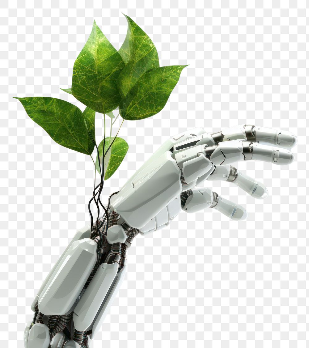 PNG 3d robot hand holding a green leaf technology plant futuristic. AI generated Image by rawpixel.