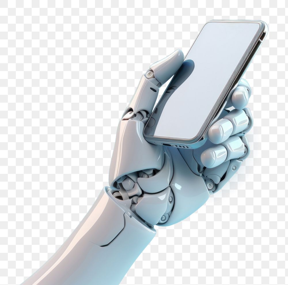 PNG 3d robot hand holding a mobile phone technology electronics telephone. AI generated Image by rawpixel.