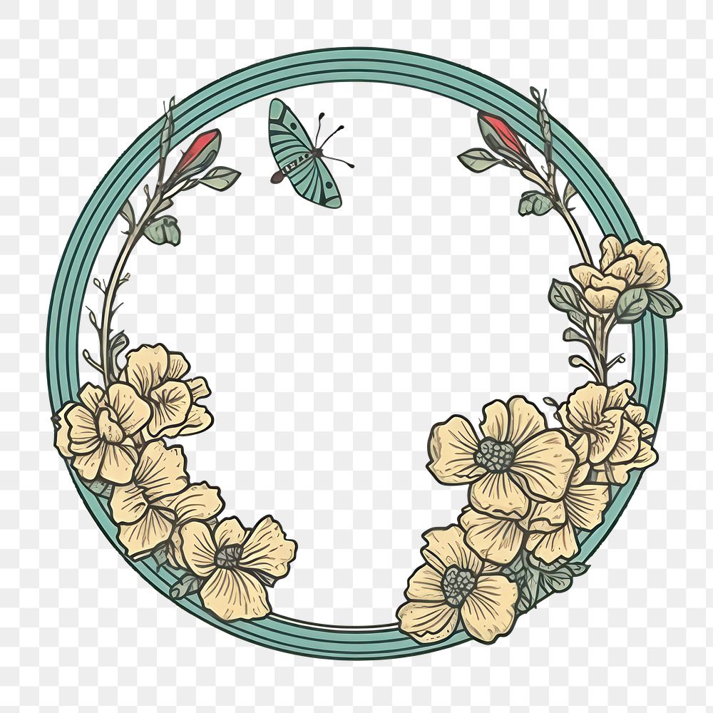 PNG Flower and butterfly circle frame pattern plant art. 