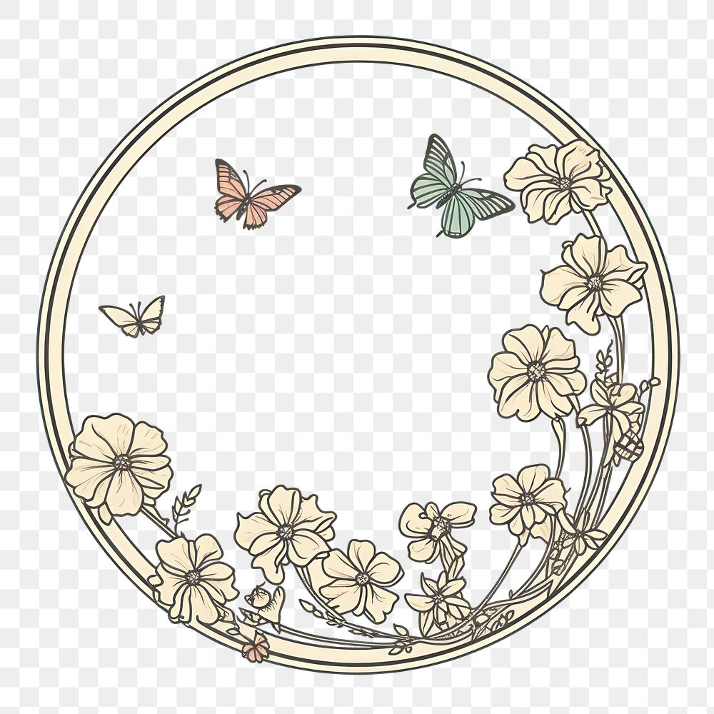 PNG Flower and butterfly circle frame pattern art embroidery. AI generated Image by rawpixel.