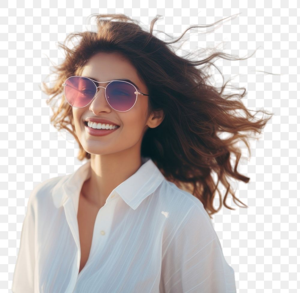 PNG Sunglasses portrait blouse beach. AI generated Image by rawpixel.