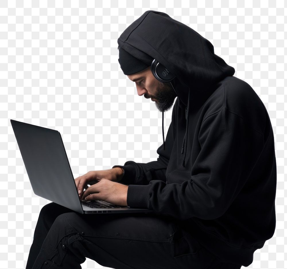 PNG  Hacker laptop computer sitting. AI generated Image by rawpixel.