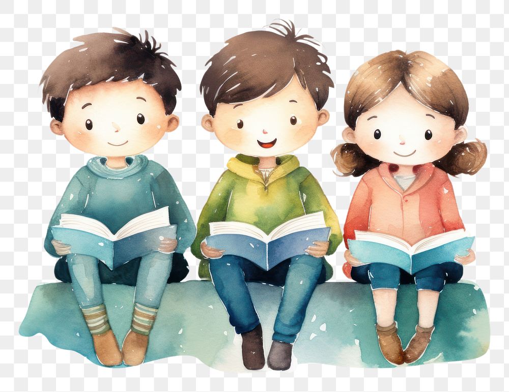 PNG  Three reading together publication child cute. AI generated Image by rawpixel.