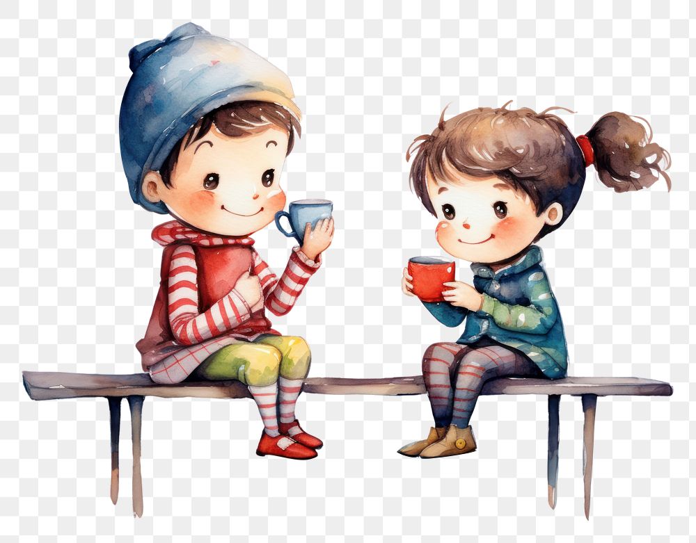 PNG  Two children drink tea togeter bench cute art. AI generated Image by rawpixel.
