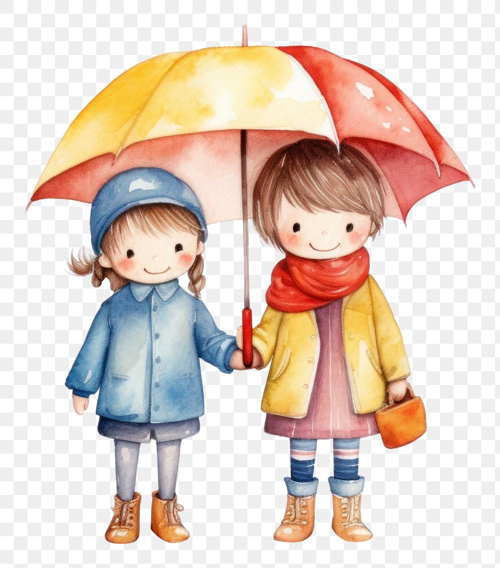 PNG  Two children standing with umbrella raincoat cute white background. AI generated Image by rawpixel.