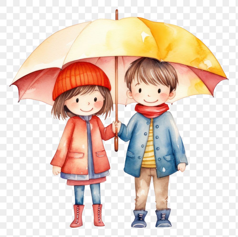 PNG  Two children standing with umbrella cute coat white background. AI generated Image by rawpixel.