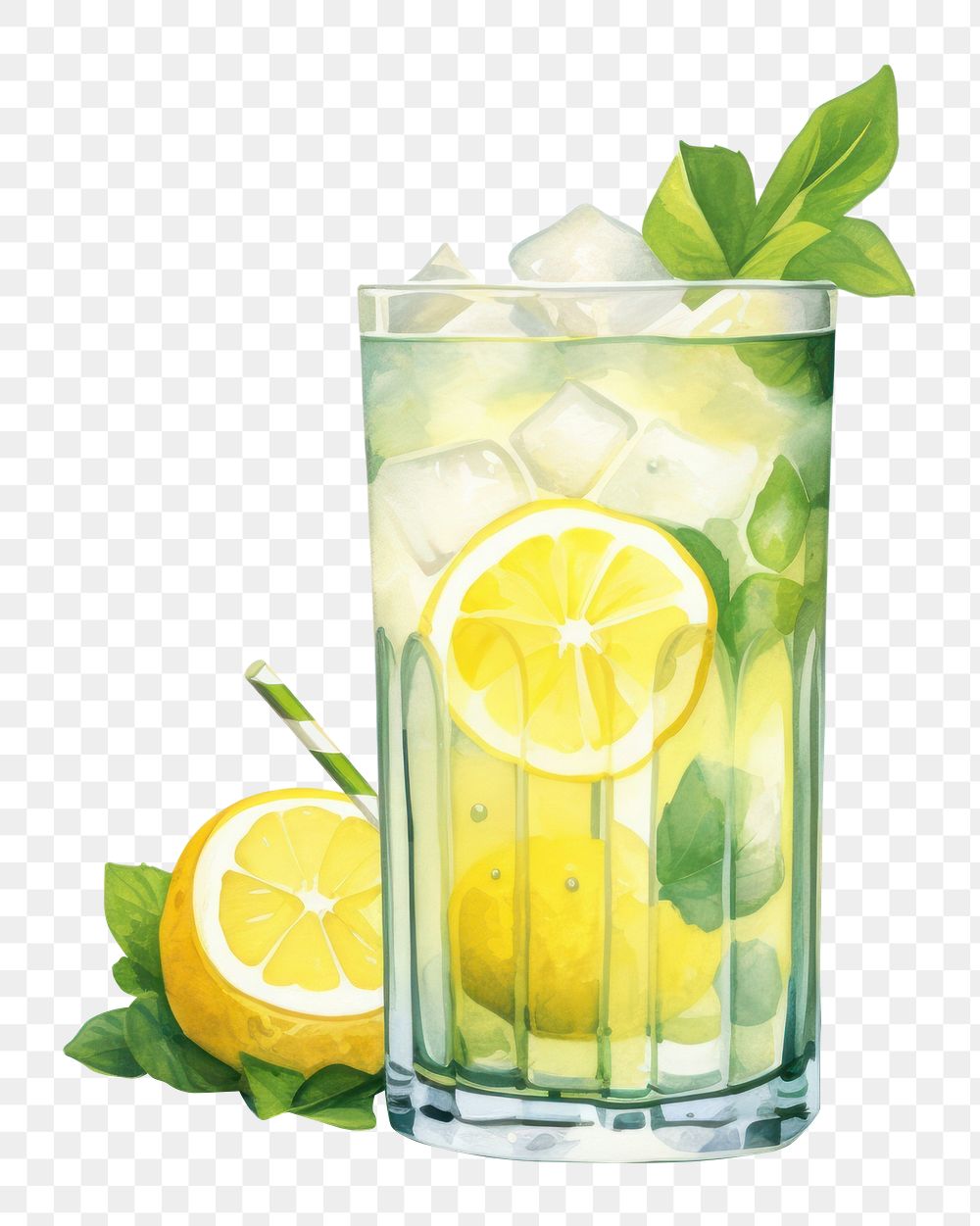 PNG Watercolor glass of summer lemon juice lemonade cocktail mojito. AI generated Image by rawpixel.