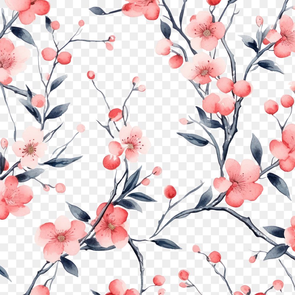 PNG Chinese peach trees pattern watercolor backgrounds blossom flower. AI generated Image by rawpixel.
