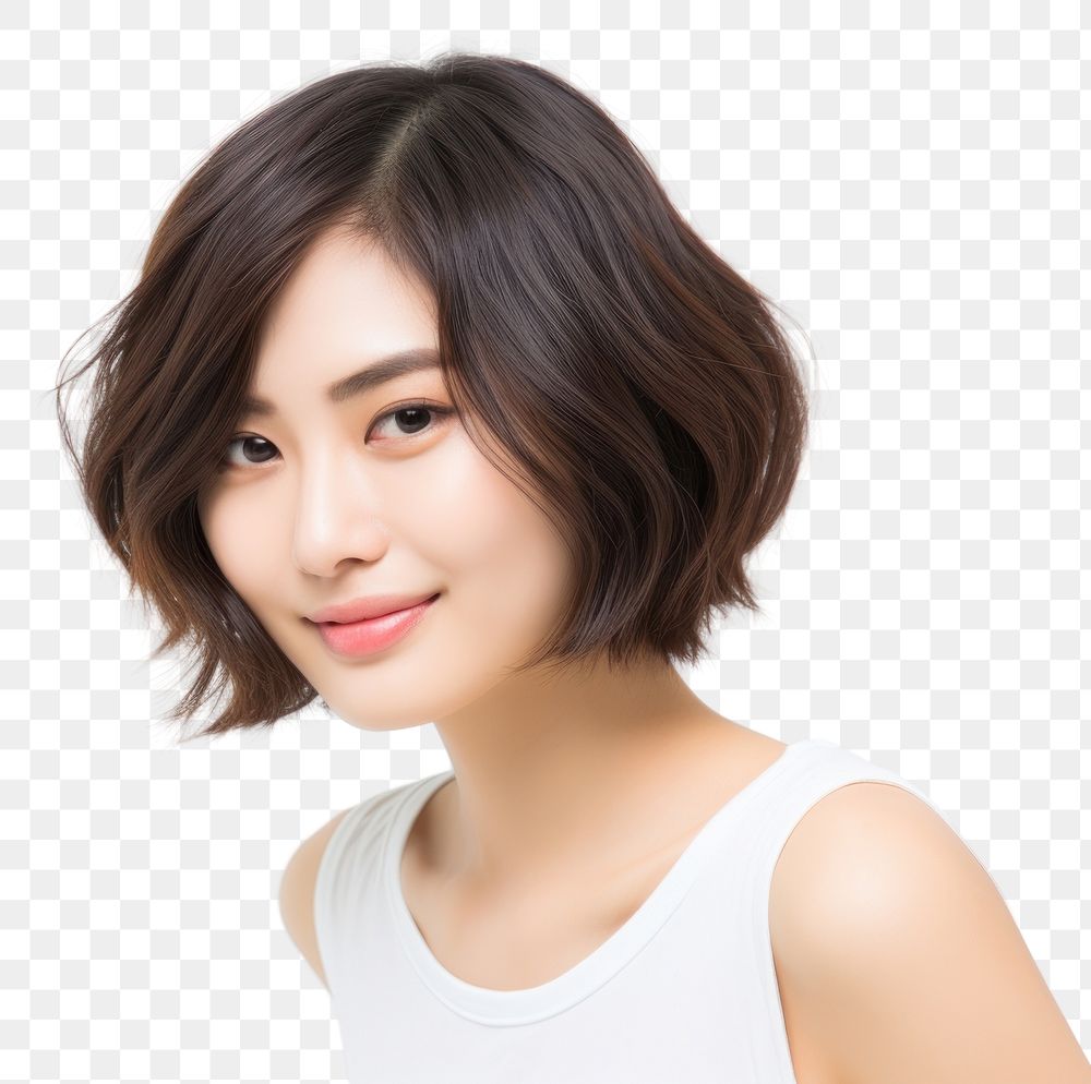 PNG  Young Asian woman short hair portrait adult smile. AI generated Image by rawpixel.
