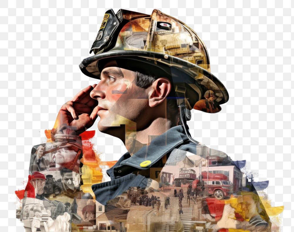 PNG Firefighter portrait collage hardhat. AI generated Image by rawpixel.