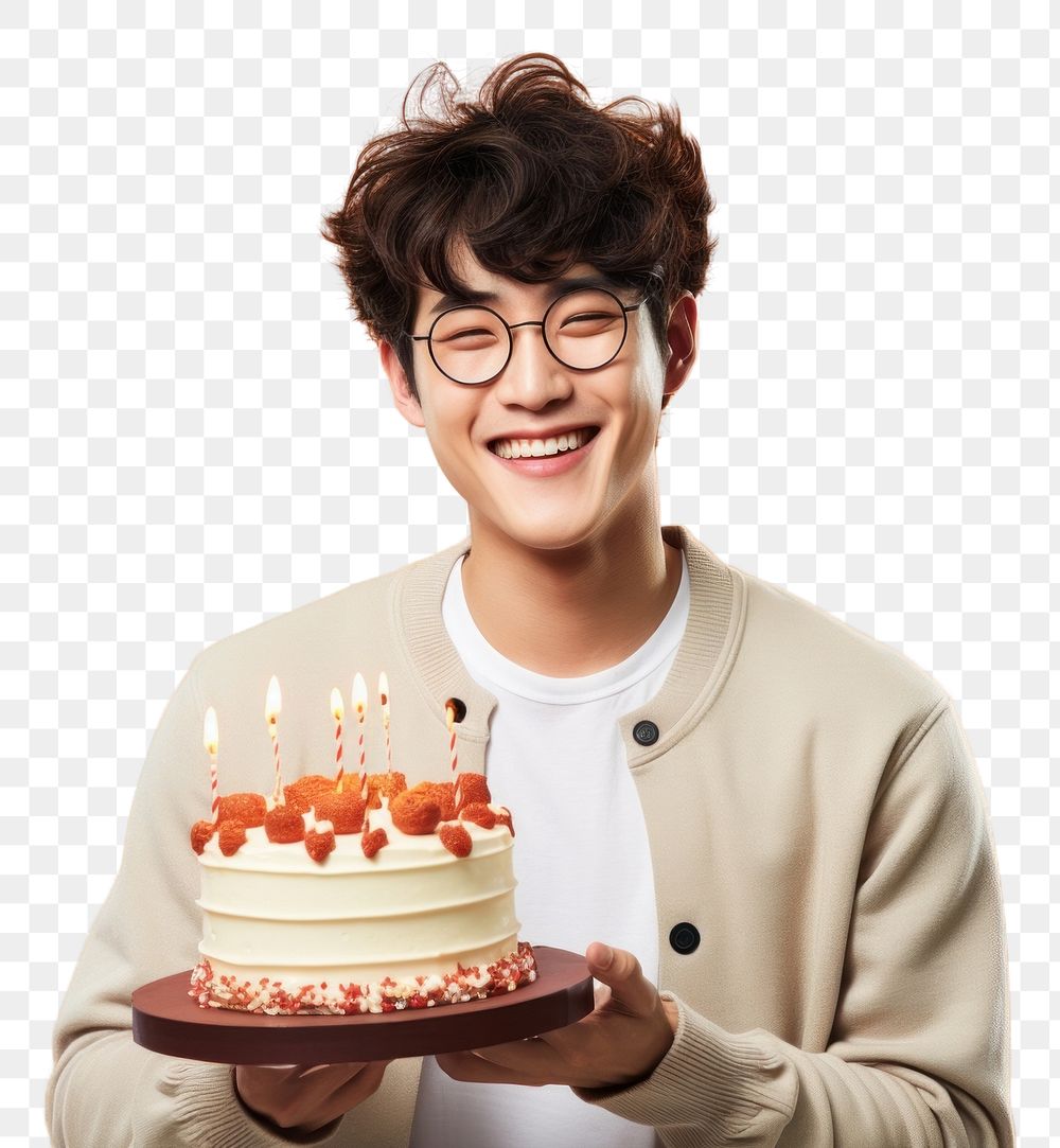 PNG Happy Korean man birthday party cake dessert smile. AI generated Image by rawpixel.